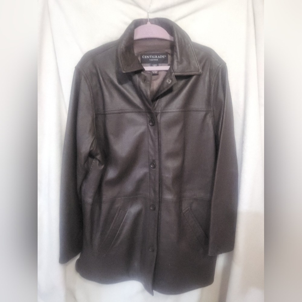 Centigrade Leather Button Jacket Soft Brown Lined Coat Women's Size L Pockets